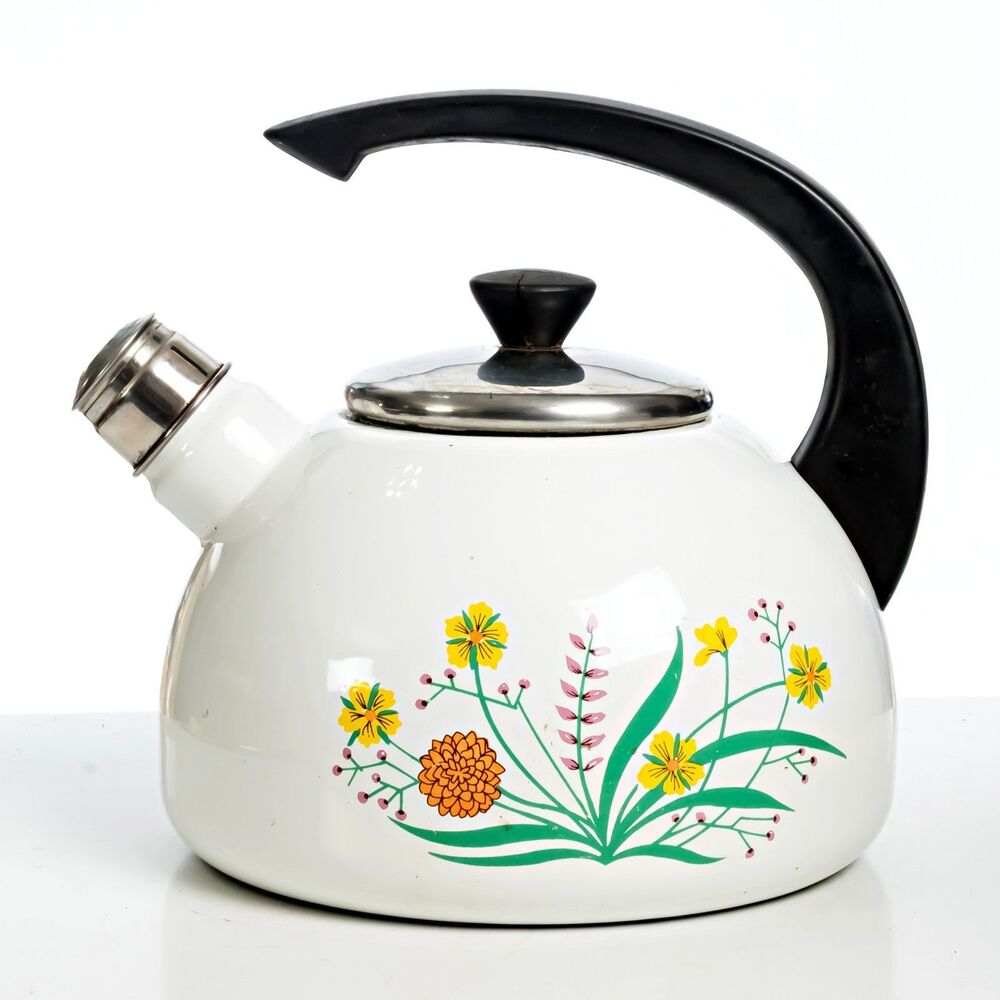 70's White Enamel Metal Tea Kettle Rooster W/Flowers Vintage Kitchen Decor